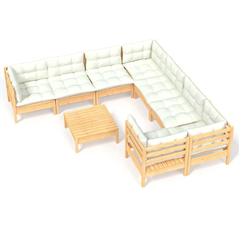 Set mobilier grădină cu perne, 9 piese, crem, lemn de pin
