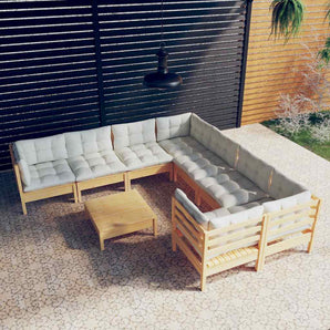 Set mobilier grădină cu perne, 9 piese, crem, lemn de pin