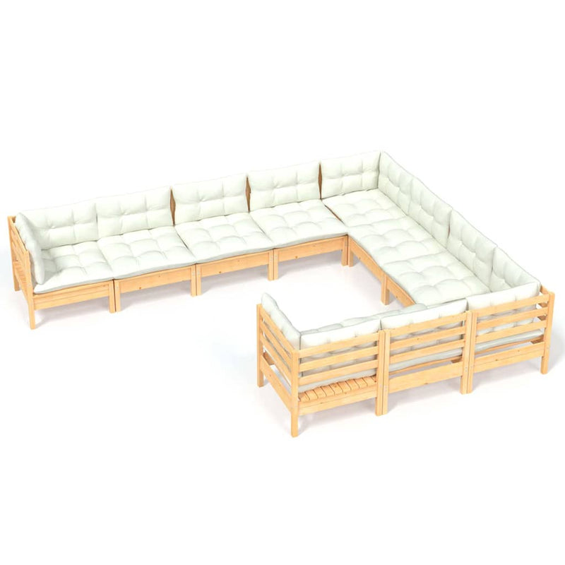 Set mobilier grădină cu perne crem, 10 piese, lemn de pin