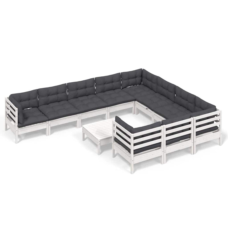 Set de șezlonguri de grădină cu perne 11 piese alb lemn de pin