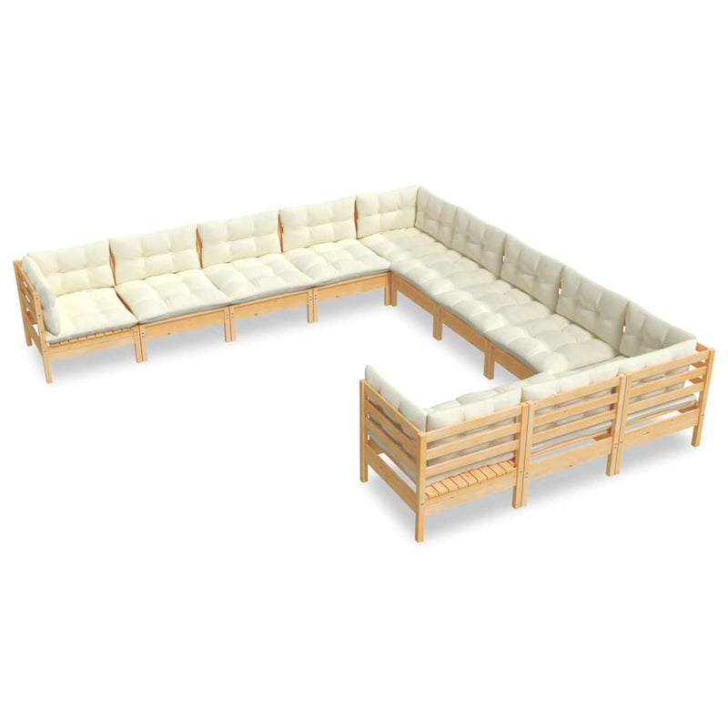 Set mobilier grădină cu perne crem, 11 piese, lemn de pin