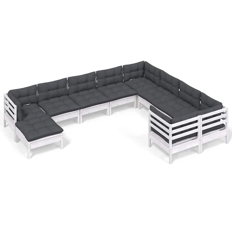 Set mobilier grădină cu perne, 10 piese, alb, lemn de pin