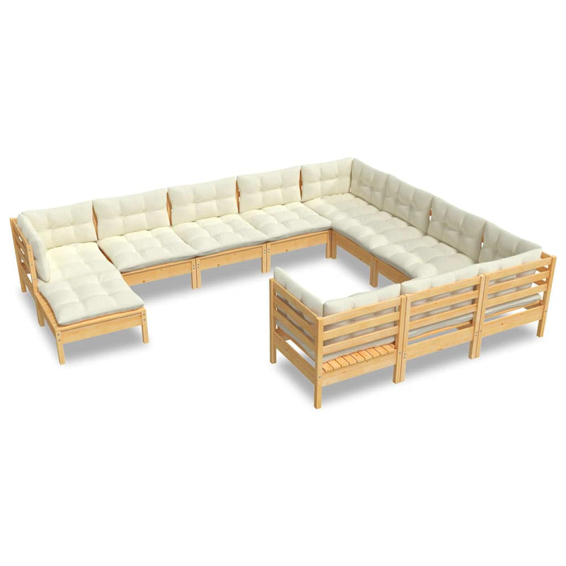 Set mobilier grădină cu perne crem, 11 piese, lemn de pin