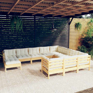 Set mobilier grădină cu perne crem, 11 piese, lemn de pin