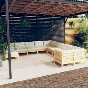 Set mobilier grădină cu perne crem, 11 piese, lemn de pin