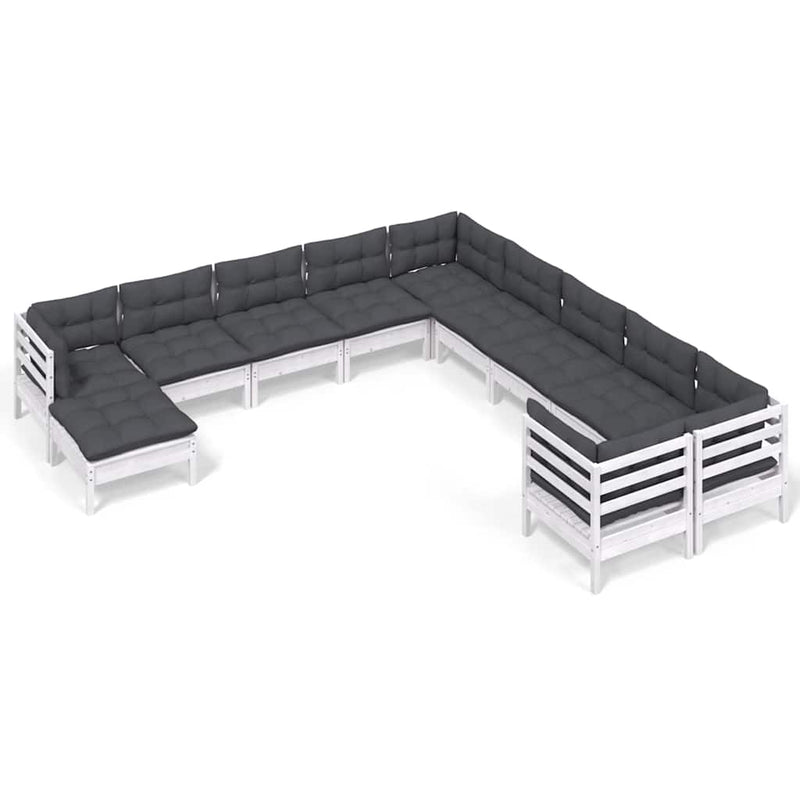 Set de șezlonguri de grădină cu perne 11 piese alb lemn de pin