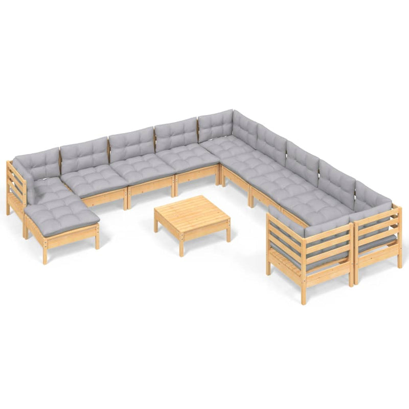 Set mobilier grădină cu perne, 12 piese, gri, lemn masiv pin