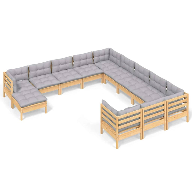 Set mobilier de grădină cu perne gri, 12 piese, lemn de pin