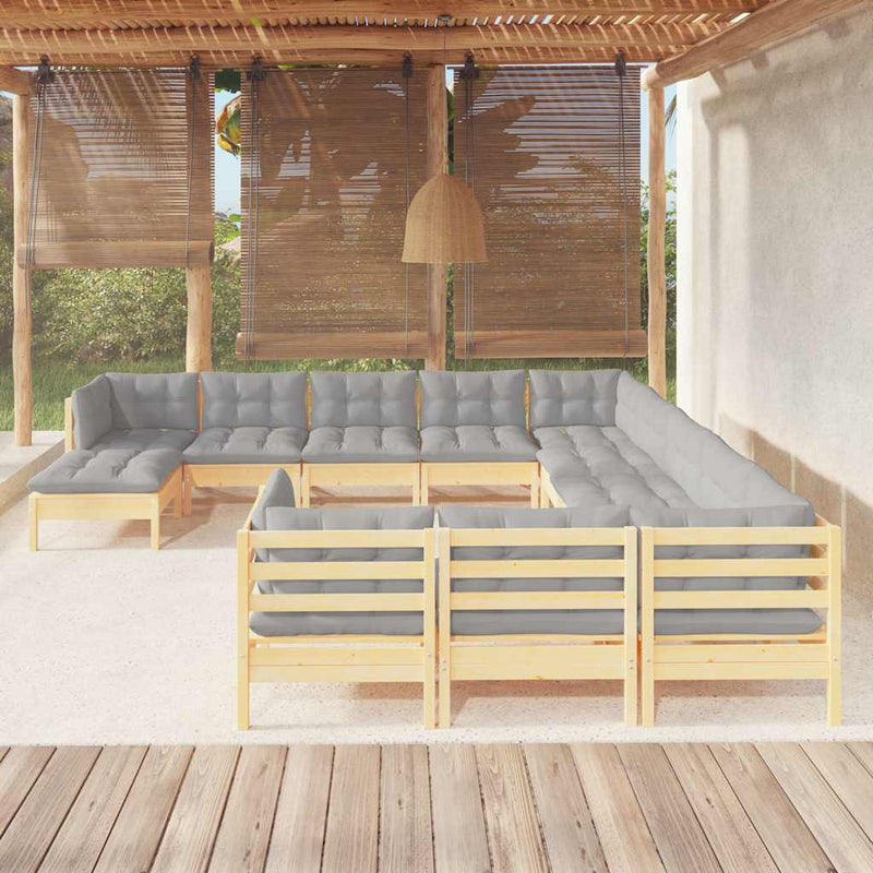 Set mobilier de grădină cu perne gri, 12 piese, lemn de pin