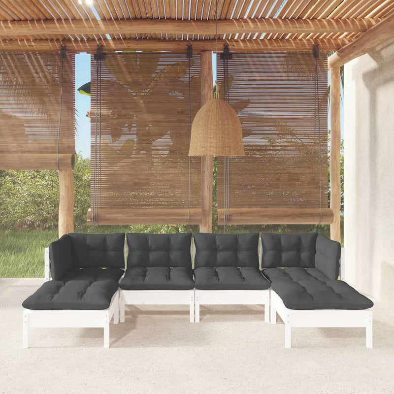 Set mobilier de grădină cu perne, 6 piese, alb, lemn de pin