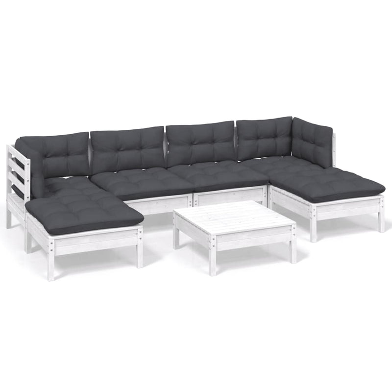Set mobilier de grădină cu perne, 7 piese, alb, lemn de pin
