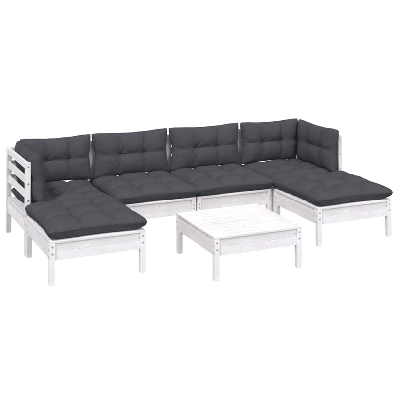 Set mobilier de grădină cu perne, 7 piese, alb, lemn de pin