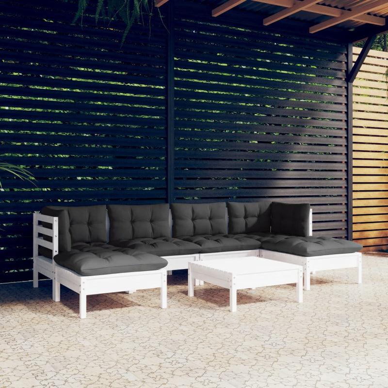 Set mobilier de grădină cu perne, 7 piese, alb, lemn de pin