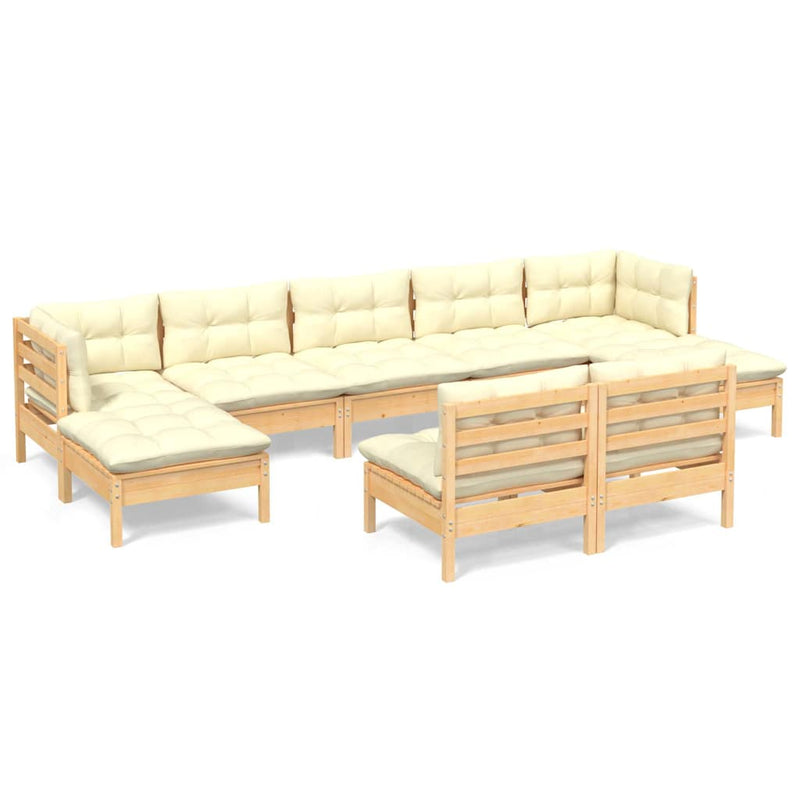 Set mobilier grădină cu perne, 9 piese, crem, lemn de pin