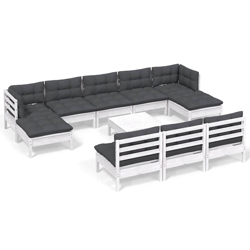 Set de șezlonguri de grădină cu perne 11 piese alb lemn de pin