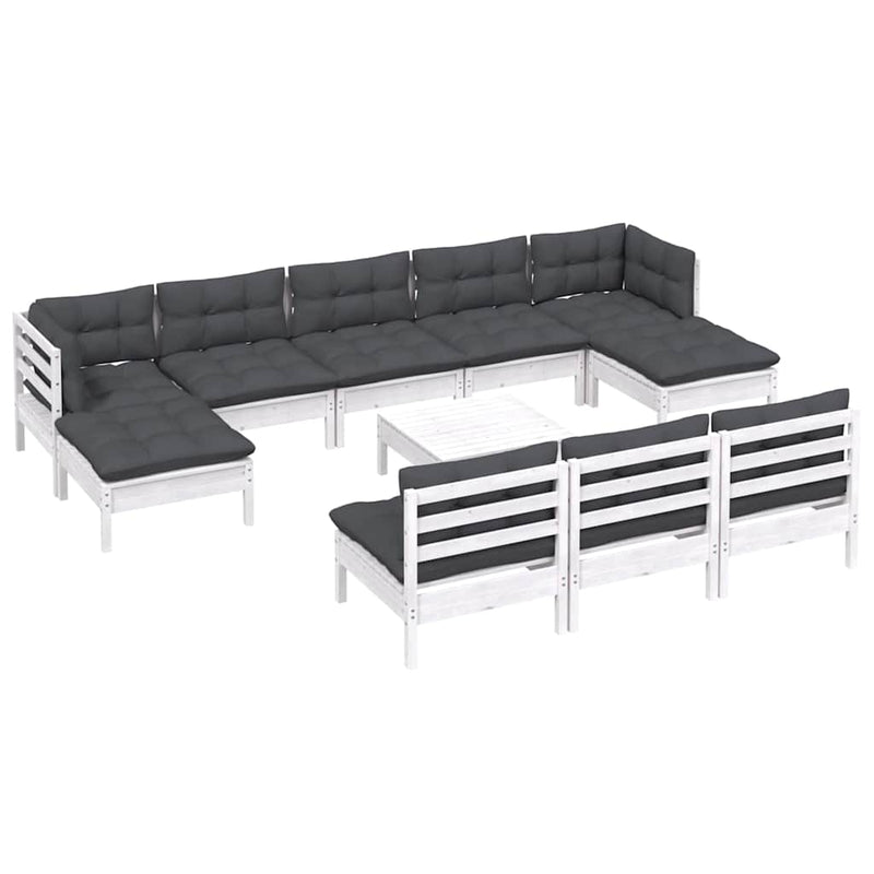 Set de șezlonguri de grădină cu perne 11 piese alb lemn de pin