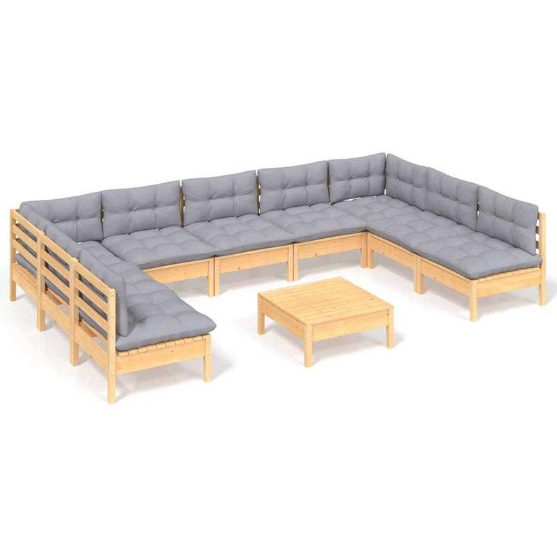 Set mobilier de grădină cu perne, 10 piese, gri, lemn masiv pin