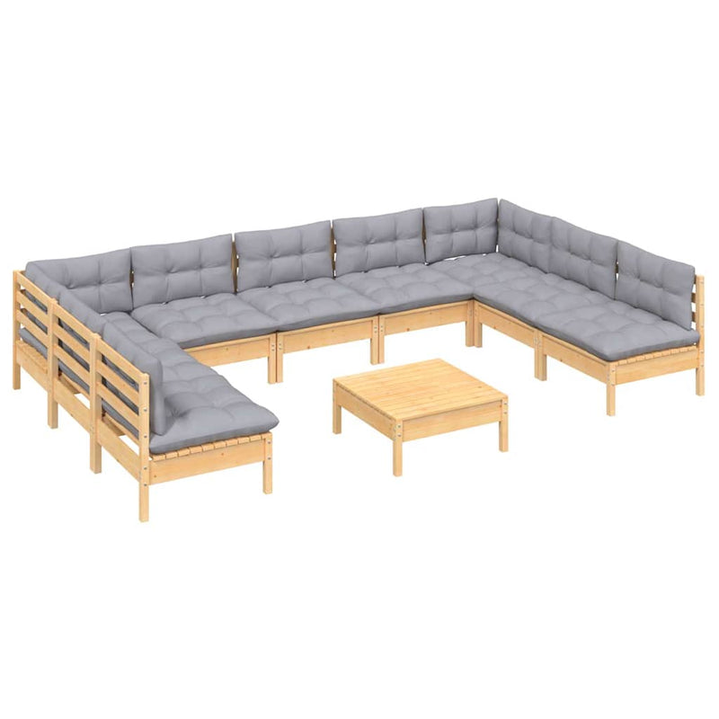 Set mobilier de grădină cu perne, 10 piese, gri, lemn masiv pin