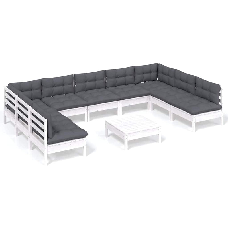 Set mobilier grădină cu perne, 10 piese, alb, lemn masiv pin