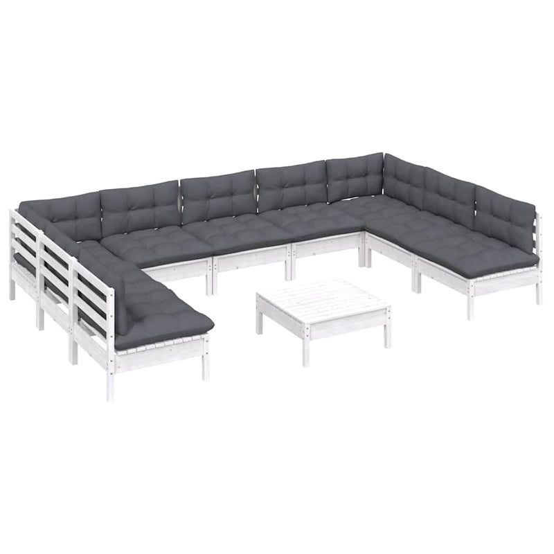Set mobilier grădină cu perne, 10 piese, alb, lemn masiv pin
