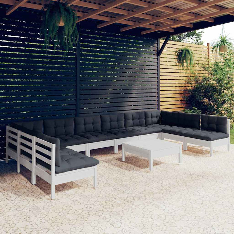 Set mobilier de grădină cu perne, 11 piese, alb lemn masiv pin