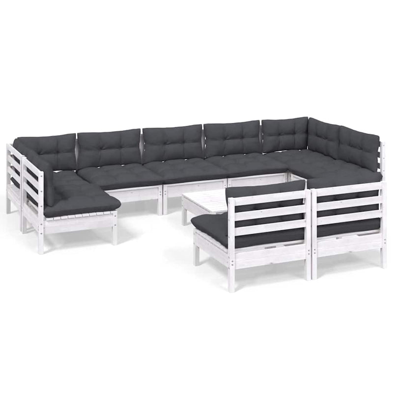 Set mobilier grădină cu perne, 10 piese, alb, lemn masiv pin
