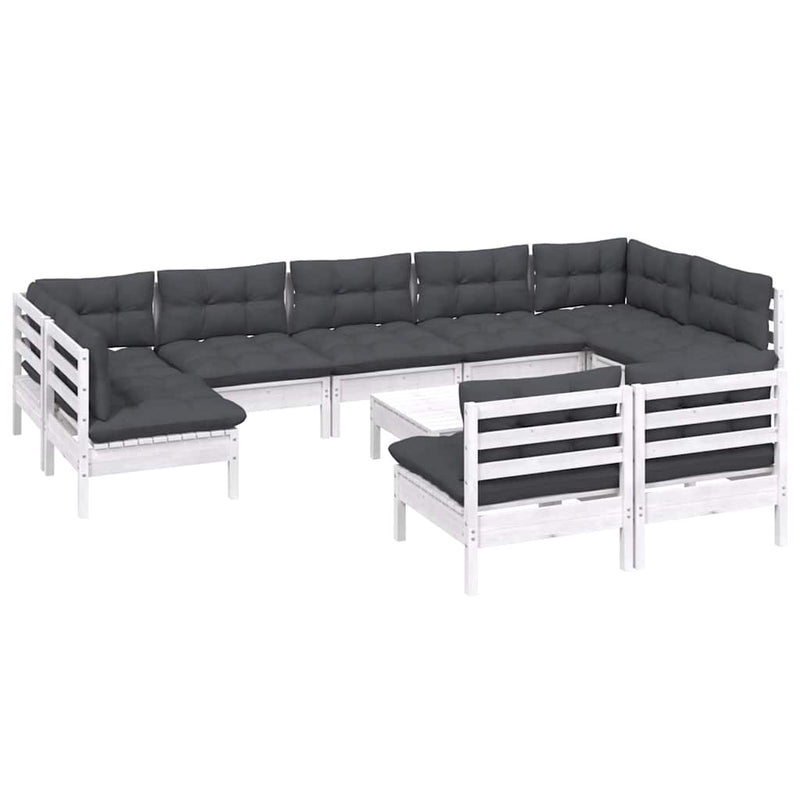 Set mobilier grădină cu perne, 10 piese, alb, lemn masiv pin