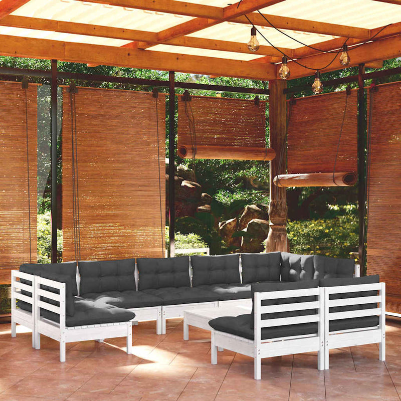 Set mobilier grădină cu perne, 10 piese, alb, lemn masiv pin