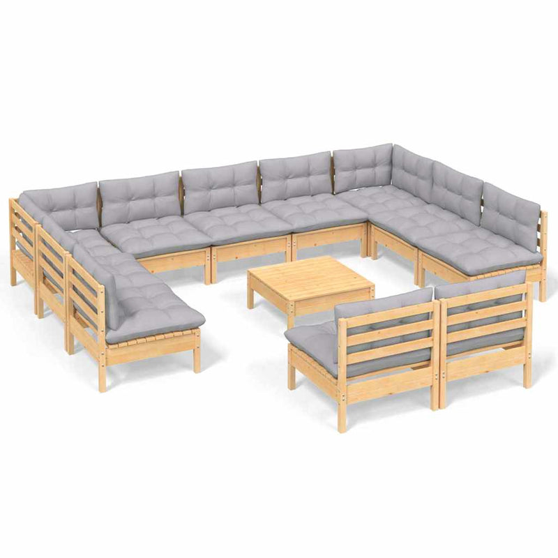 Set mobilier de grădină cu perne, 12 piese, gri, lemn masiv pin