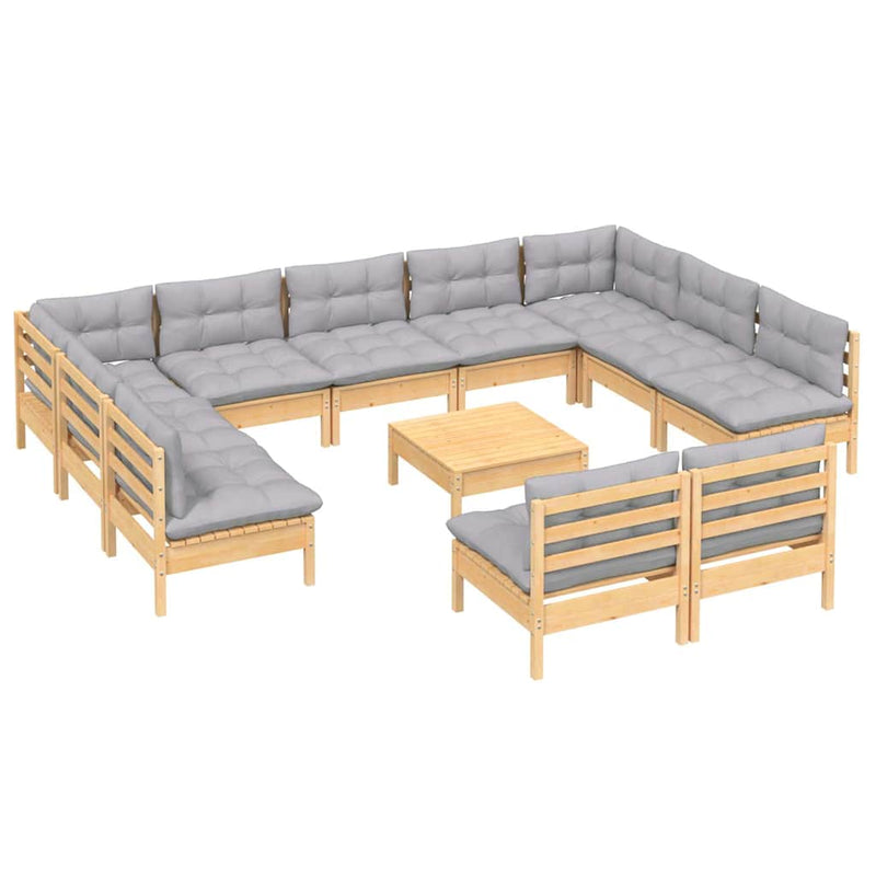 Set mobilier de grădină cu perne, 12 piese, gri, lemn masiv pin