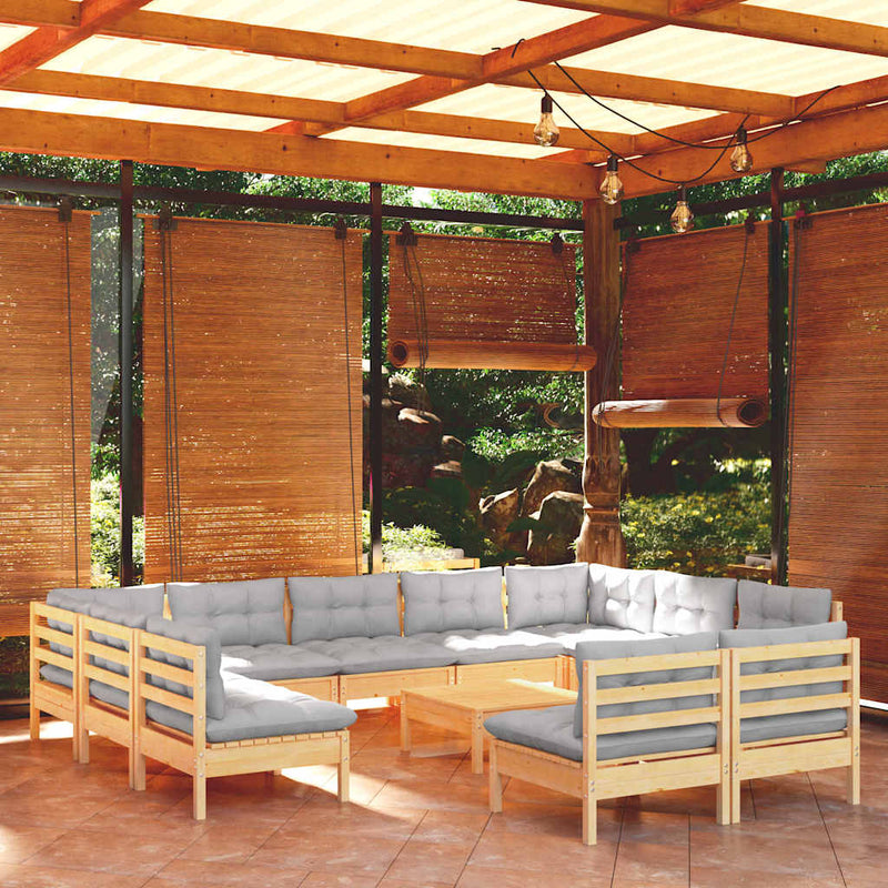 Set mobilier de grădină cu perne, 12 piese, gri, lemn masiv pin