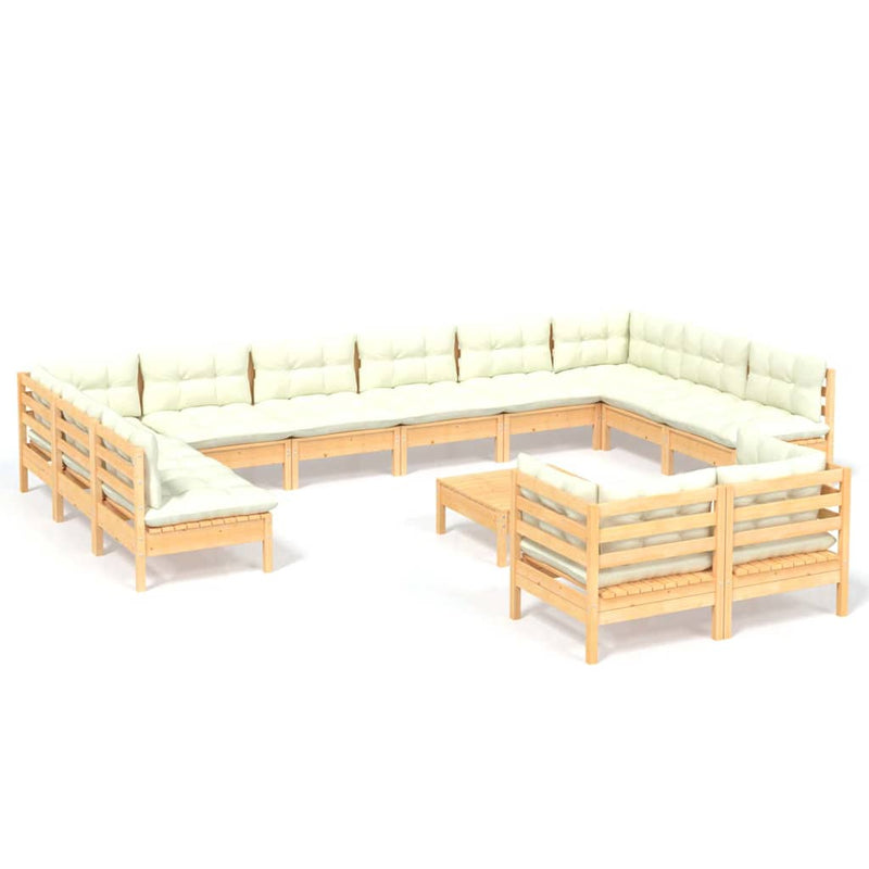 Set mobilier grădină cu perne, 13 piese, crem, lemn de pin