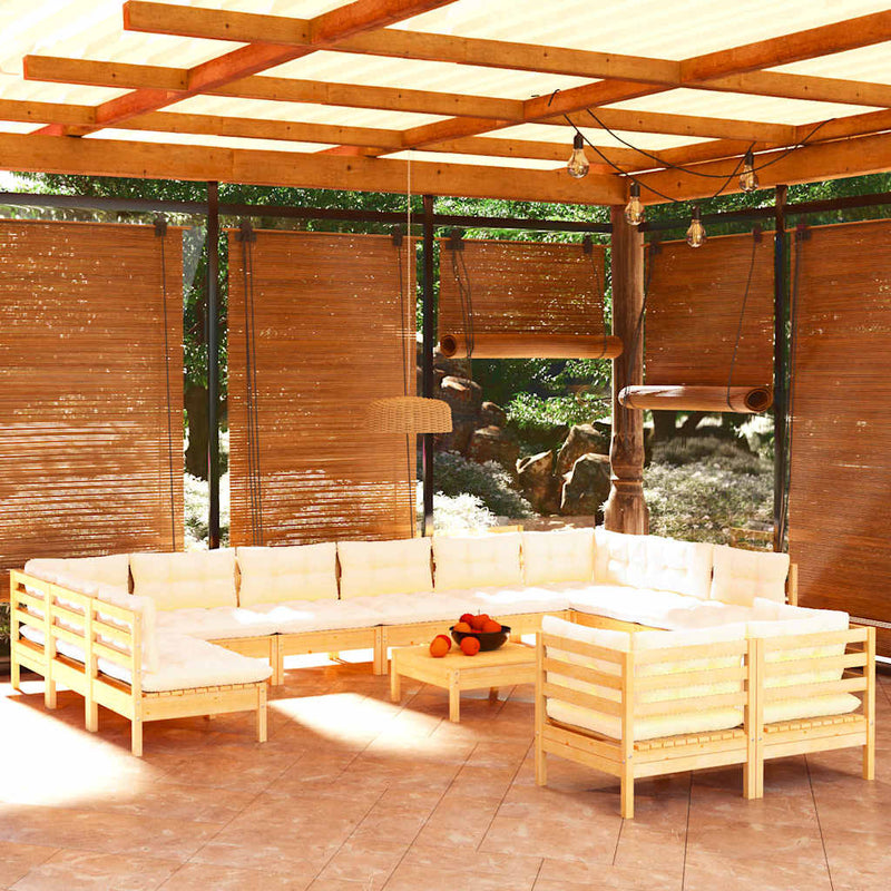 Set mobilier grădină cu perne, 13 piese, crem, lemn de pin