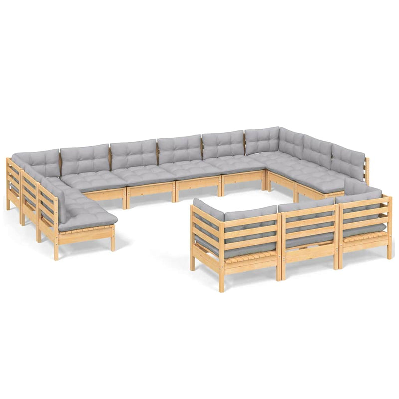 Set mobilier grădină cu perne, 13 piese, gri, lemn de pin