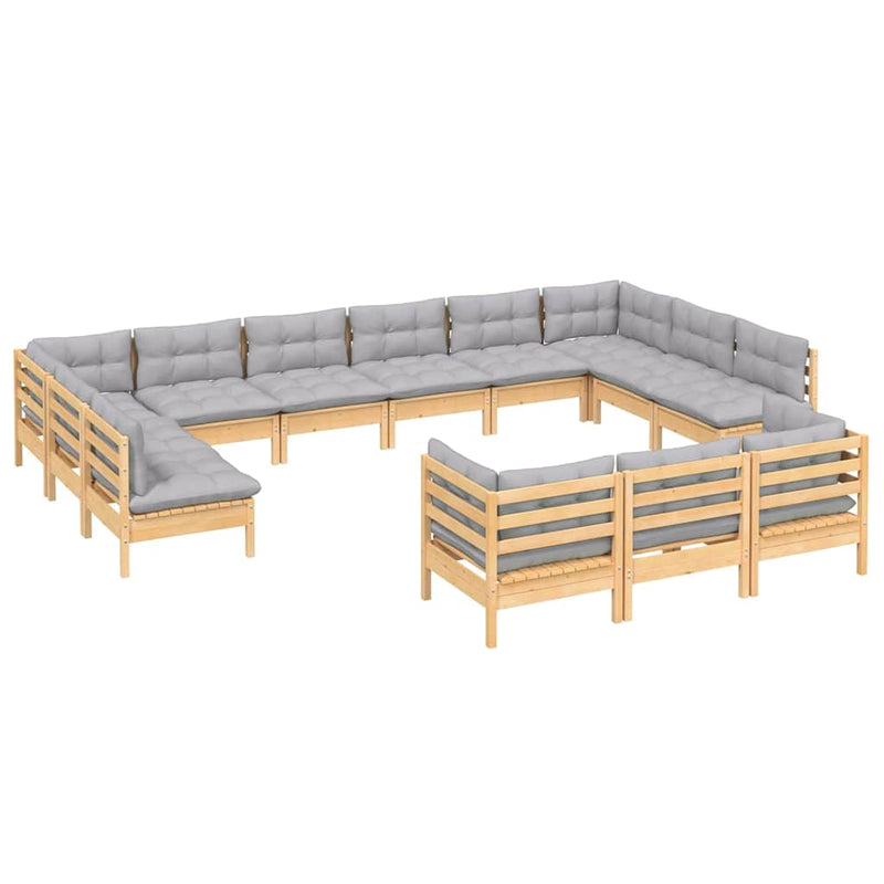 Set mobilier grădină cu perne, 13 piese, gri, lemn de pin