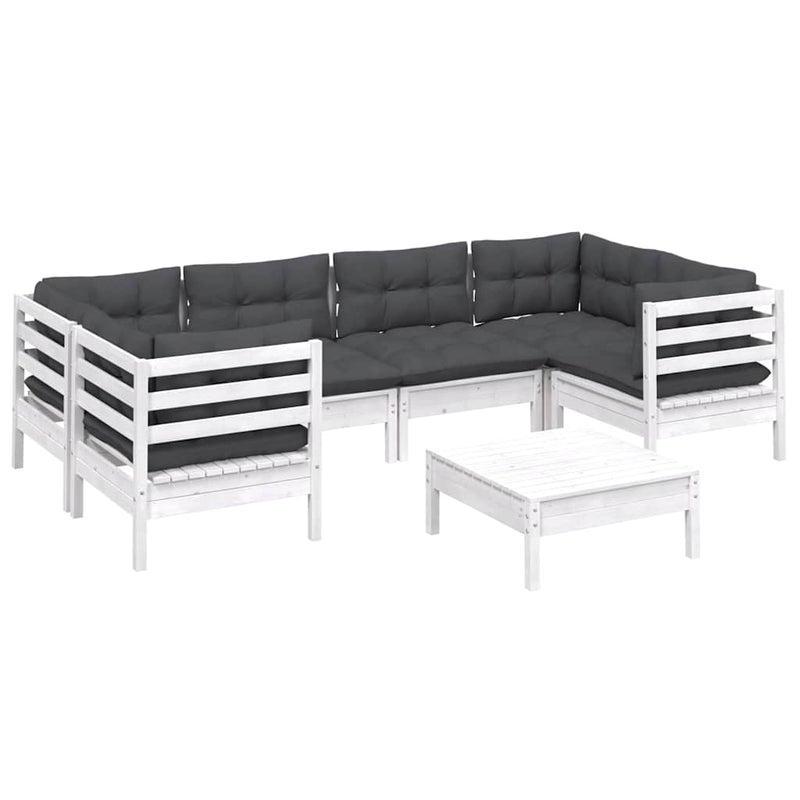 Set mobilier de grădină cu perne, 7 piese, alb, lemn masiv pin