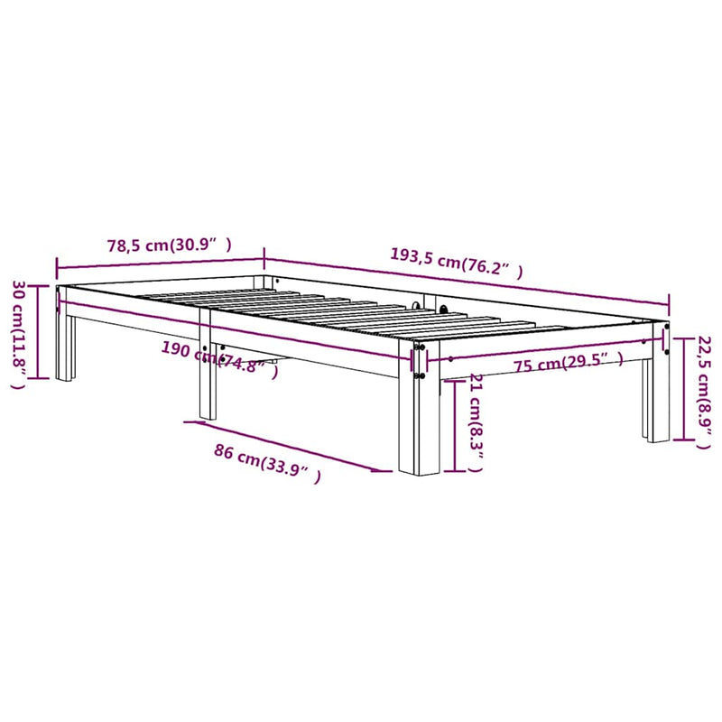 Cadru de pat mic single, alb, 75x190 cm, lemn masiv