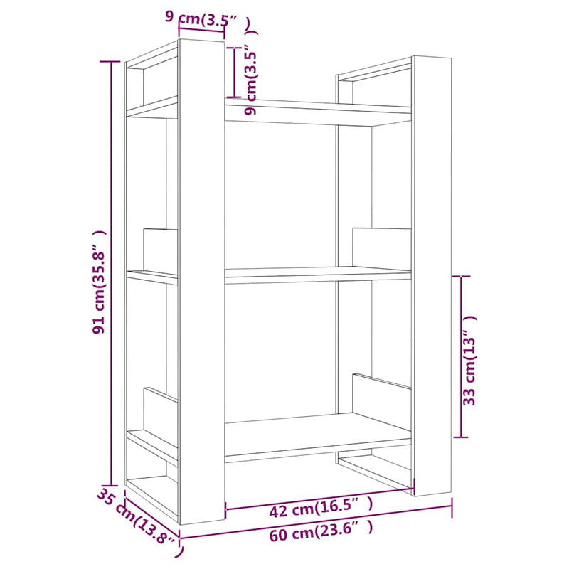 Bibliotecă/Separator cameră, alb,60x35x91 cm, lemn masiv pin