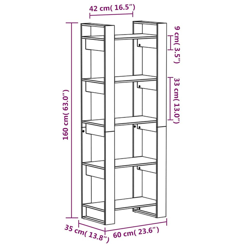 Bibliotecă/Separator cameră, negru, 60x35x160 cm, lemn masiv