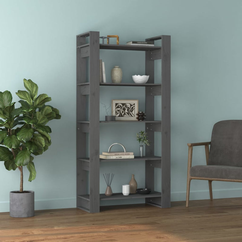 Bibliotecă/Separator cameră, gri, 80x35x160 cm, lemn masiv pin