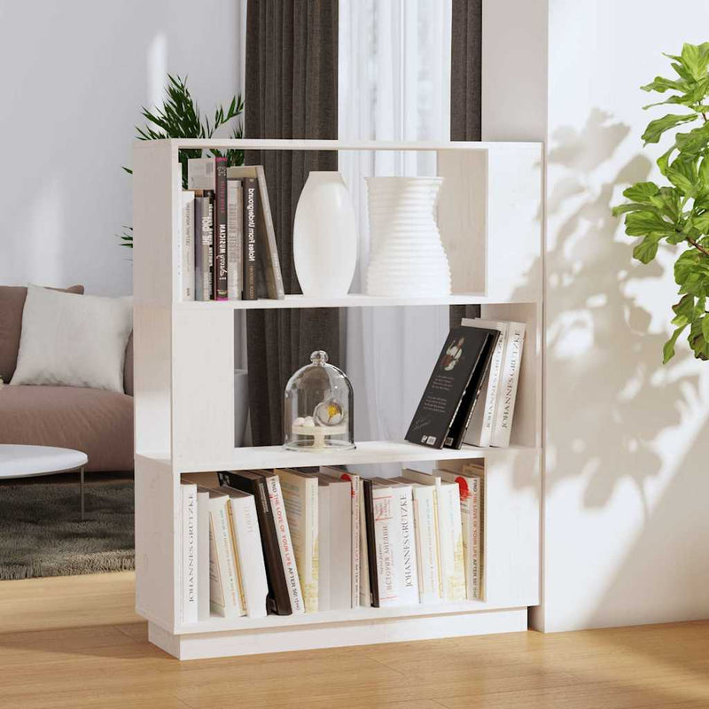 Bibliotecă/Separator cameră, alb, 80x25x101 cm, lemn masiv pin