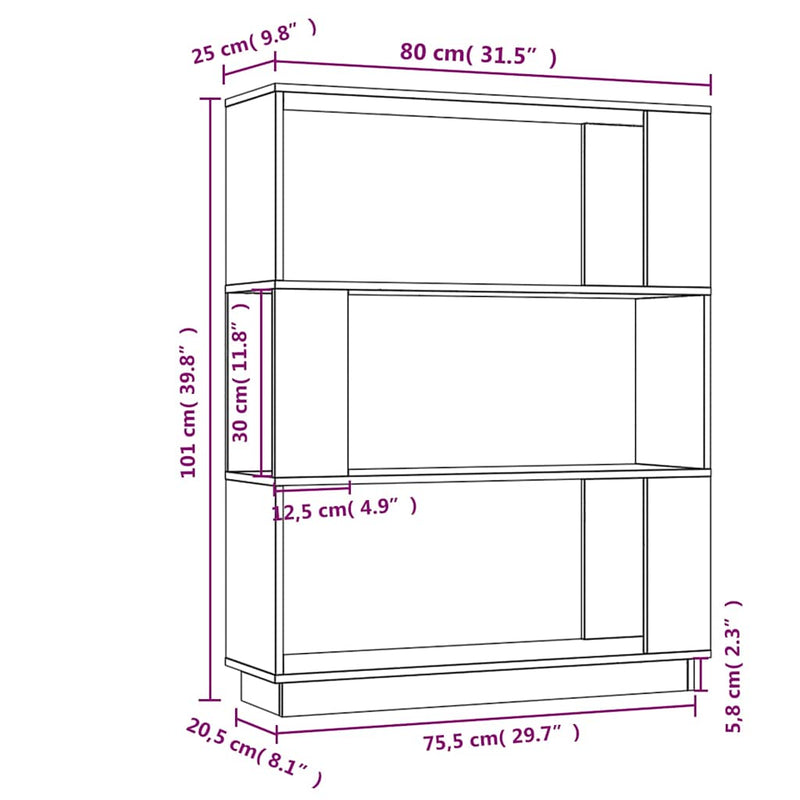 Bibliotecă/Separator cameră, gri, 80x25x101 cm lemn masiv pin