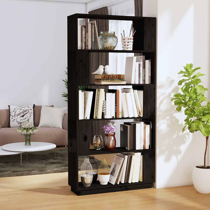 Bibliotecă/Separator cameră negru 80x25x163,5 cm lemn masiv pin