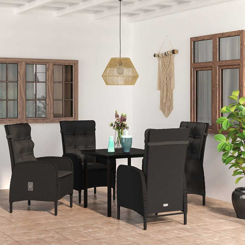 Set masă pentru grădină, 5 piese, cu perne, negru