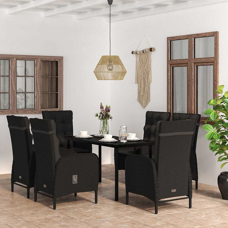 Set de masă pentru grădină, 7 piese, cu perne, negru