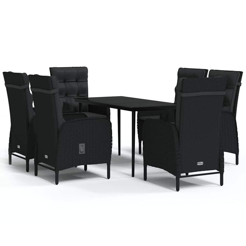 Set de masă pentru grădină, 7 piese, cu perne, negru