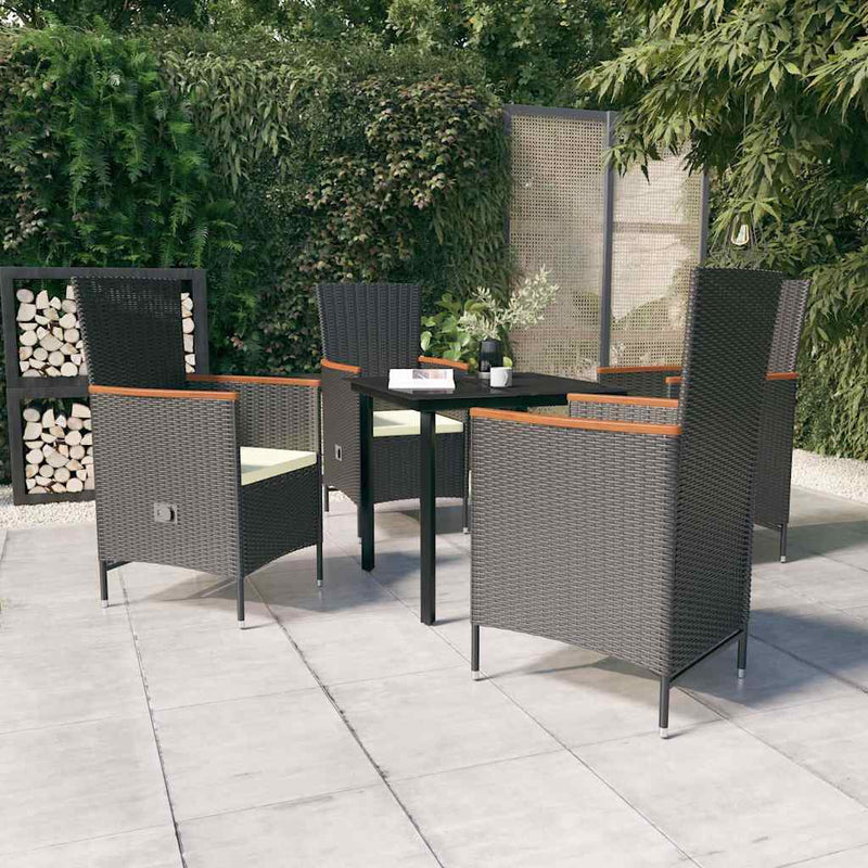 Set masă pentru grădină, 5 piese, cu perne, negru