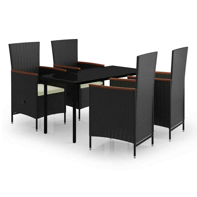 Set masă pentru grădină, 5 piese, cu perne, negru