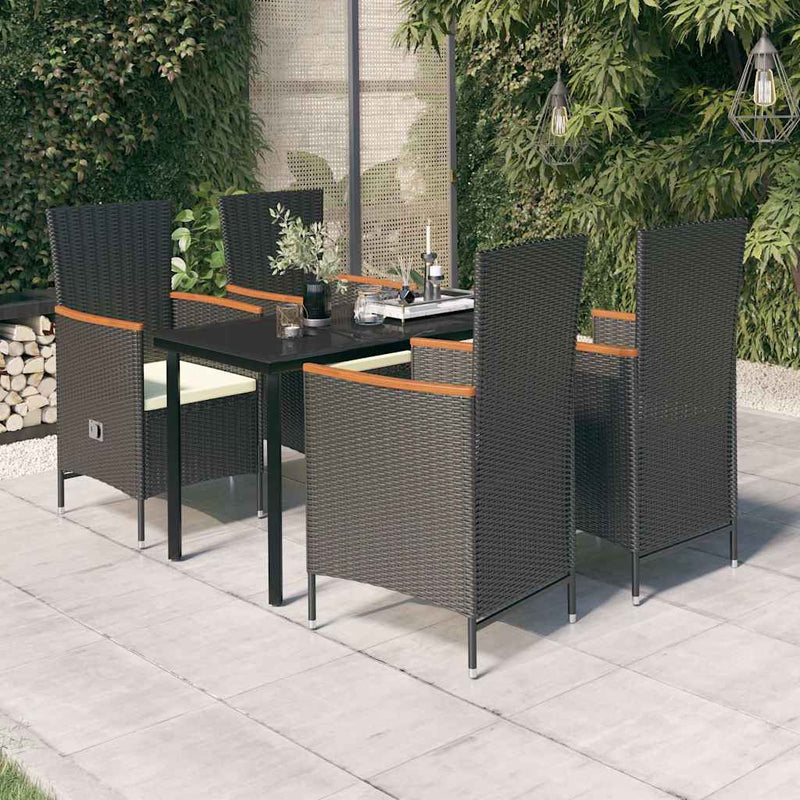 Set masă pentru grădină, 5 piese, cu perne, negru