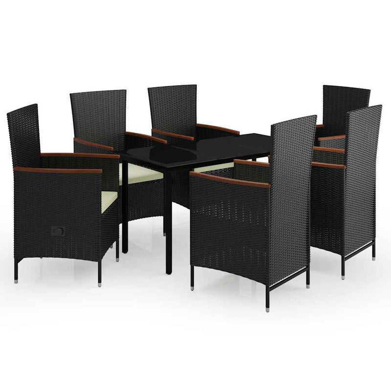 Set de masă pentru grădină, 7 piese, cu perne, negru